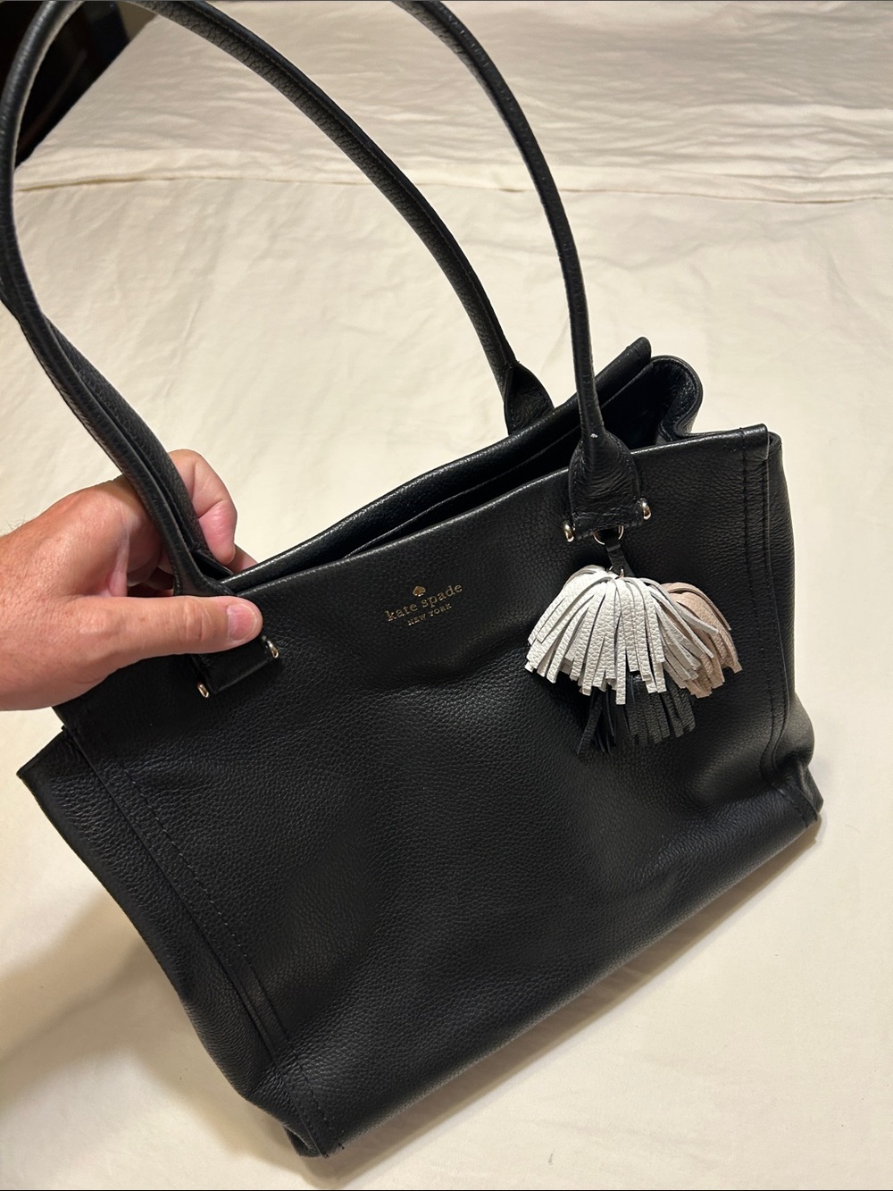 kate spade Black Leather Tote with Two-Tone Tassel Charm